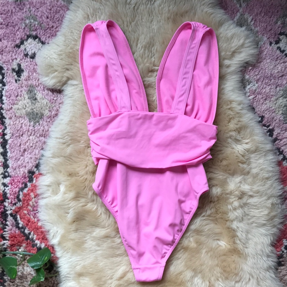 ASOS Gathered Waist Band Plunge V Neck Swimsuit - Picture 7 of 7